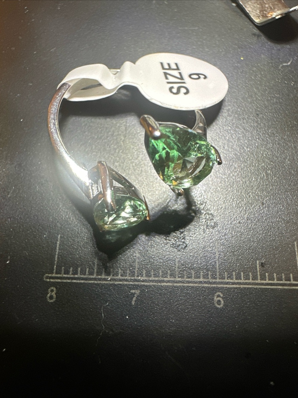 Silver Open Ring with Green Teardrop Stones - Women Jewelry
